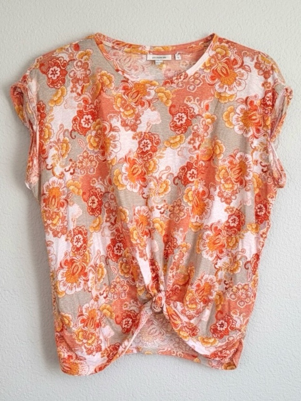 Chico's Orange, Coral & Yellow Floral Twist-Front Blouse